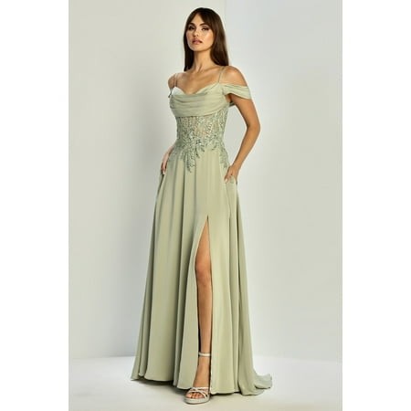 Women S Adora Design 3251 Off Shoulder Pleated Lace Corset Gown Sage Green Size 6