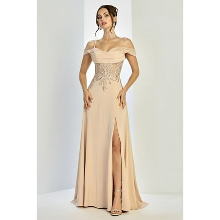 Women S Adora Design 3251 Off Shoulder Pleated Lace Corset Gown Champagne Goldish Beige Size 18