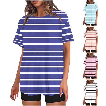 HVOBTTY Women S 2 Piece Pajama Set Stripe Print Crew Neck Short Sleeve Top and Shorts Loose Casual Wear Set  M