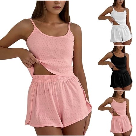 HVOBTTY Women S 2 Piece Pajama Set Solid Color Sleeveless Cut Out Cami Top and Shorts Loose Casual Set  XXL