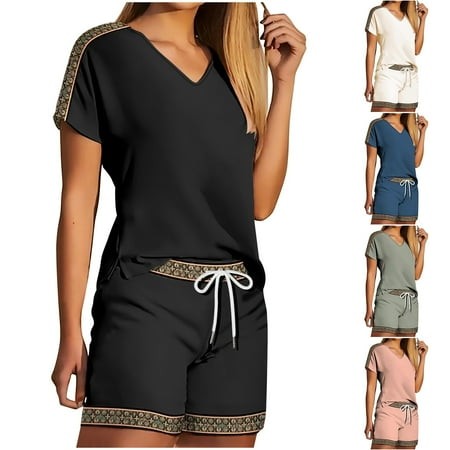 HVOBTTY Women S 2 Piece Pajama Set Solid Color V Neck Top and Shorts Casual Soft Breathable Comfortable Set  XL