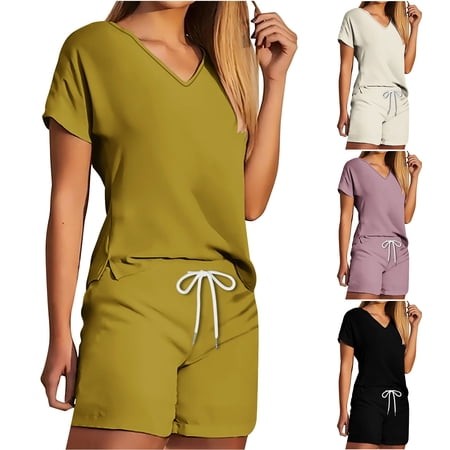HVOBTTY Women S 2 Piece Pajama Set Solid Color V Neck Short Sleeve Top and Shorts Loose Casual Sleepwear Set  M