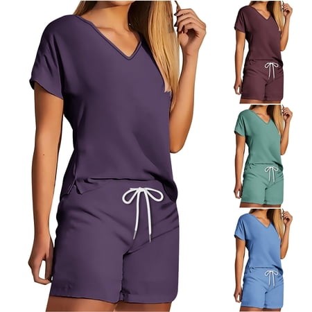 HVOBTTY Women S 2 Piece Pajama Set V Neck Short Sleeve Top and Shorts Casual Daily Wear Comfortable Set  M