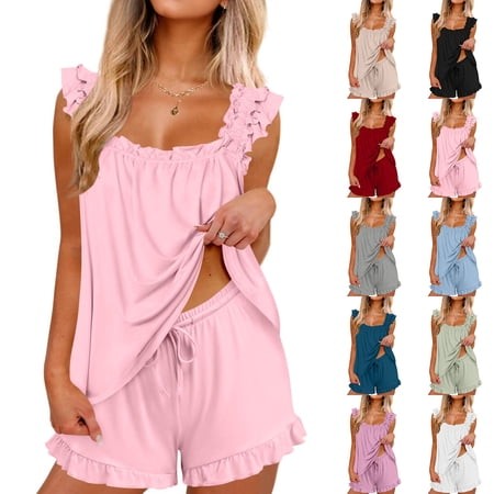HVOBTTY Women S 2 Piece Pajama Set Solid Color Sleeveless Crew Neck Top and Shorts Soft Breathable   XXL