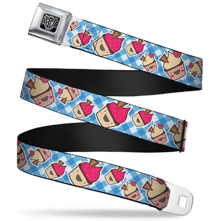 Buckle-Down Belt  Seatbelt Buckle Belt  Happy Cupcakes Buffalo Plaid White Blue  Youth 22 to 32 Inches