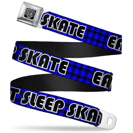 Buckle-Down Belt  Seatbelt Buckle Belt  Eat Sleep Skate Buffalo Plaid Blue  Youth 22 to 32 Inches