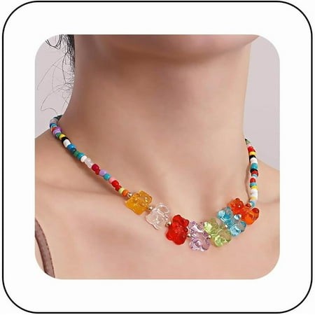 Vintage Gummy Bear Pendant Necklace Rainbow Seed Bead Teddy Bear Choker Necklaces Colorful Acrylic Bear Necklace Chain Rice Bead Necklaces Jewelry for