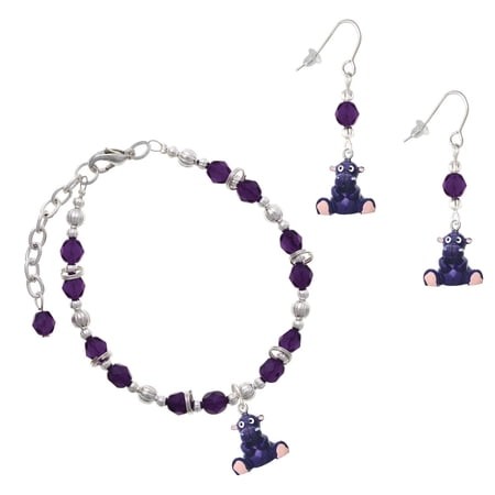 Delight Jewelry Purple Beaded Bracelet and Earring Set  Featuring Resin Purple Hippopotamus Honey Charms