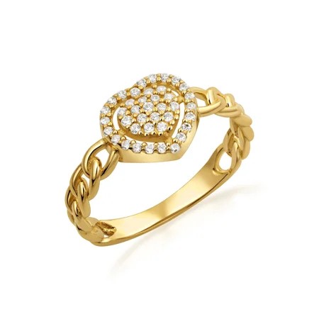 Yellow Gold Pave Heart Chain Link CZ Ring (10 Yellow Gold Size 10.5)