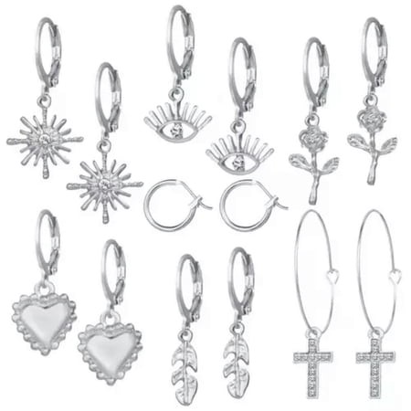 HOOUN Women 7 Pair Retro Earrings Value Set Gift Cross Evil Eye Heart Rose Leaf 0489-Silver