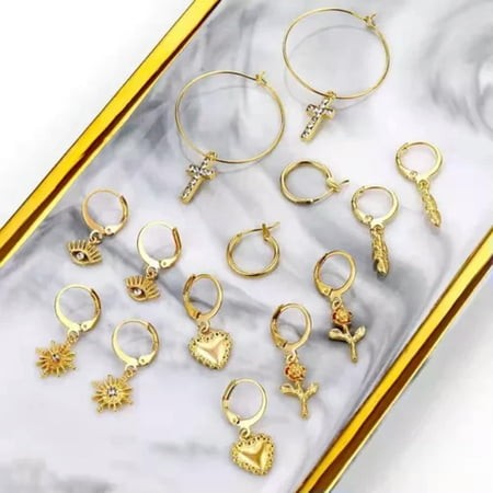 HOOUN Women 7 Pair Retro Earrings Value Set Gift Cross Evil Eye Heart Rose Leaf 0489-Gold