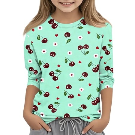 Abcomgle Girls Tops Size 10-12 Crewneck Daisy Flower Cherry Print Tshirt Summer 3/4 Sleeve Tshirts Toddler Dressy Cotton Tee Tops Girls