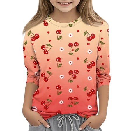 Abcomgle Girls Shirts Size 14-16 Crewneck Daisy Flower Cherry Print Tshirts Toddler 3/4 Sleeve Girls Shirts Summer Casual Cotton Toddler Tops Girls