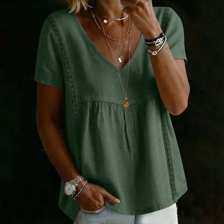 Sokhug Women S Short Sleeve V Neck Cotton Lace Trim Peplum Blouse Loose Fit Solid Color Summer Tops