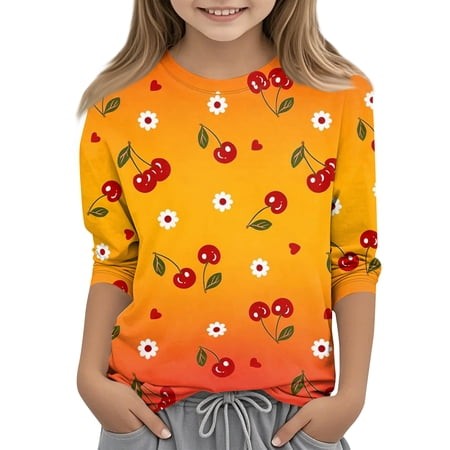 Abcomgle Girls Tshirts 7-8 Years Old Summer 3/4 Sleeve Tshirt Daisy Flower Cherry Print Girls Shirts Cute Crewneck Cotton Tops