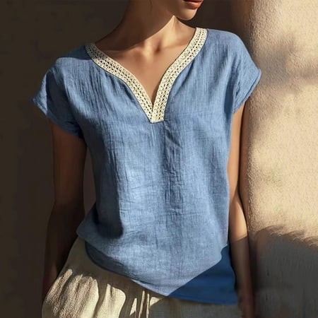 Sokhug Short Sleeve for Women V Neck Cotton Lace Trim Blouse Loose Fit Summer Outdoor Shirt Tops