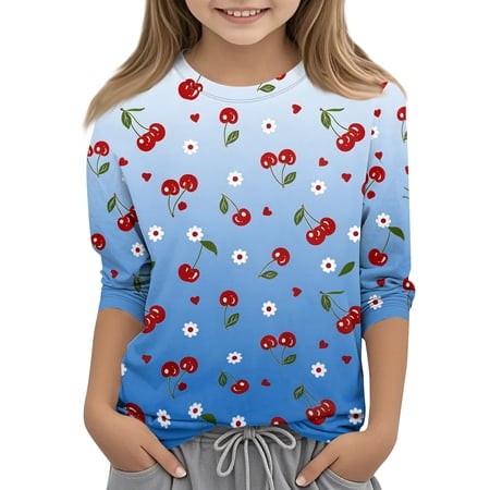 Abcomgle Girls Tee Shirts 7-16 Crewneck Daisy Flower Cherry Print Girls Shirts 3/4 Sleeve Tshirt Summer Dressy Cotton Toddler Tops Girls