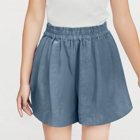 YLOMAY Kids Shorts Girls Summer Elastic Waisted Linen Cotton Wide Leg Shorts Comfy Stylish Solid Color Loose Travel Boys and Girls Shorts Blue 9 Years