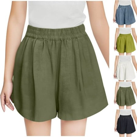 YLOMAY Kid Shorts Summer Elastic Waisted Linen Cotton Wide Leg Shorts Comfortable Solid Color Loose Going Out Boys and Girls Shorts Army Green 11 Year