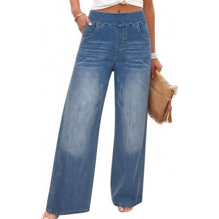 Haivin Women S Washed High Waist Wide Leg Jeans with Elastic Waistband  Cotton Denim for Casual and Daily Wear