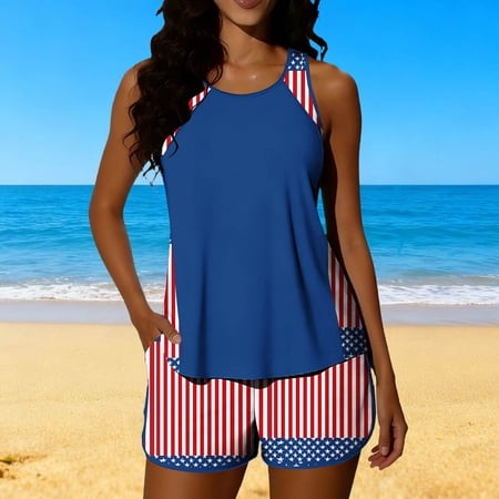 Haivin Women S Tankini Swimsuit with Patriotic Print  Padded Bra  and Pocket  Modest Two-Piece Beach Apparel for Swimming and Sports