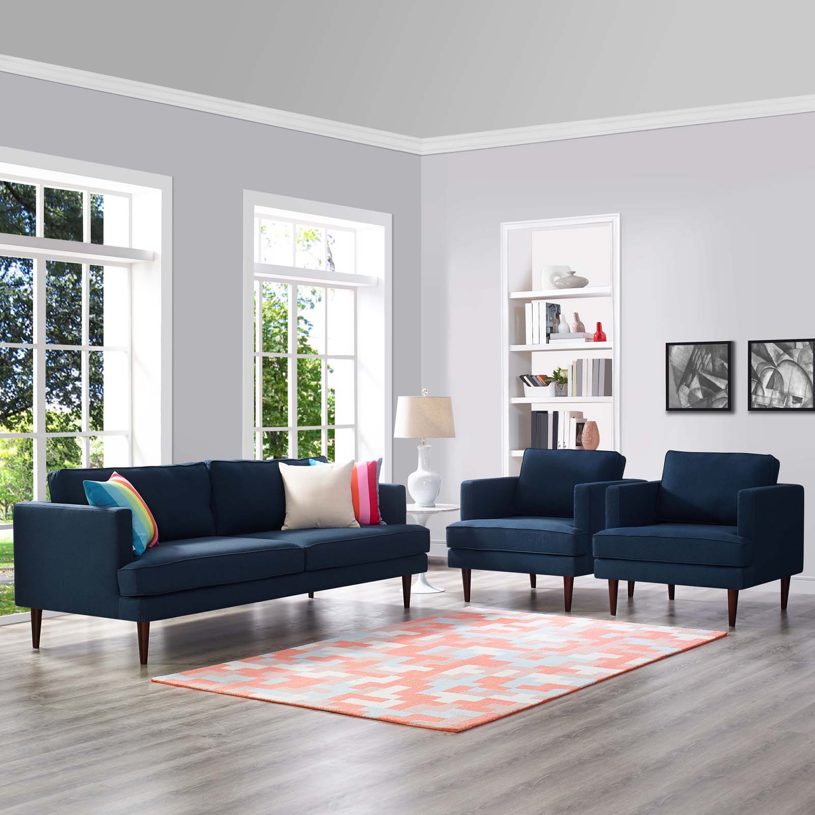 Agile Collection EEI-4081-BLU-SET 3 Piece Sofa and Armchair Set with Walnut-Stained Tapered Legs  Non-Marking Foot Caps  Removable Zippered Cushion