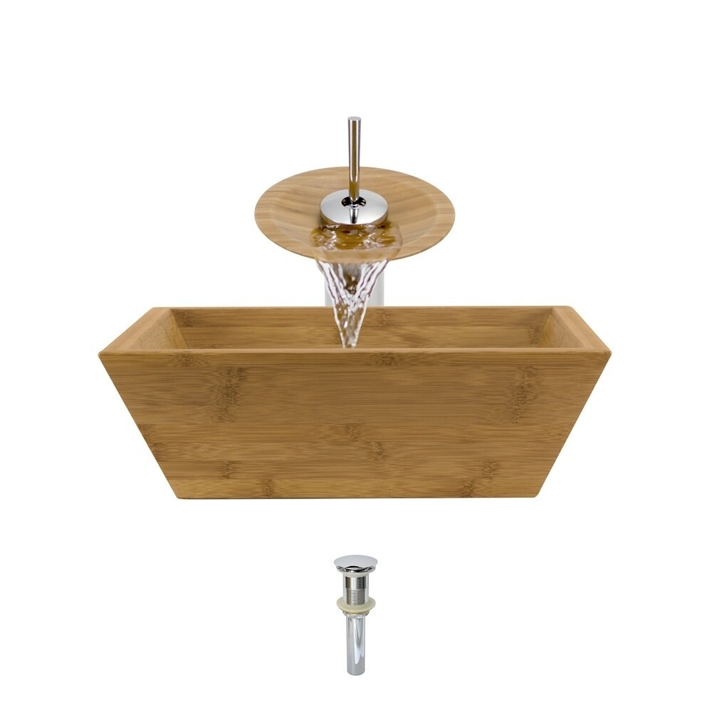 891 Bamboo Vessel Bathroom Sink, with Oil Rubbed Bronze Waterfall Vessel Faucet, Sink Ring, and Vessel Pop-up Drain