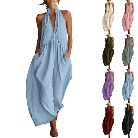 NSLGXD Women S Cotton Linen Halter Maxi Dress Backless Tie Back Ruched Casual Long Dress with Pockets S-2XL Beige Dress