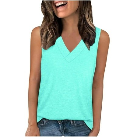 Women S Plain Cotton Tank Top Summer Regular V-Neck Sleeveless T Shirts Loose Fit Versatile Layering and Everyday Wear Tops Sky Blue