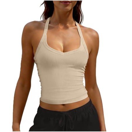 Women S Ribbed Plain Crop Camis Summer Sexy Scoop Neck Low Back Tank Top Slim Fit Y9K Sleeveless Going Out Crop Tops Beige