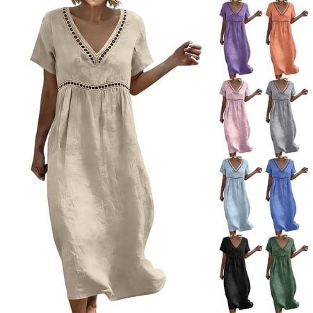 NSLGXD Women S V Neck Maxi Dress Plus Size Short Sleeve Lace Trim Linen Dress Summer Beach Vacation Dress S-3XL Beige Dress