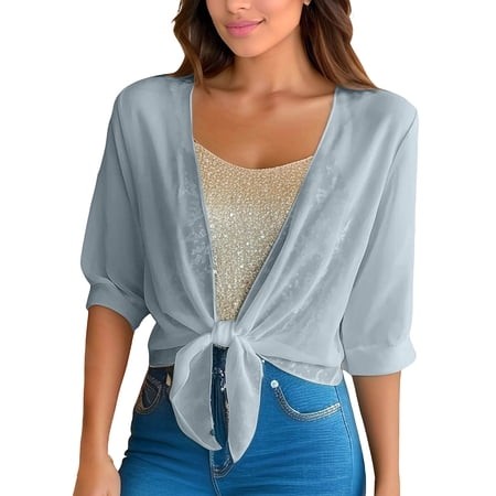 Dazajoo Cropped Tie Front Sheer Cardigan for Women V Neck 3/4 Sleeve Lightweight Chiffon Cover up Gray XL