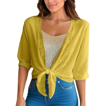 Dazajoo Plus Size Tie Front Chiffon Cover up for Women V Neck Half Sleeve Sheer Cropped Blouse Tops Yellow XXXL