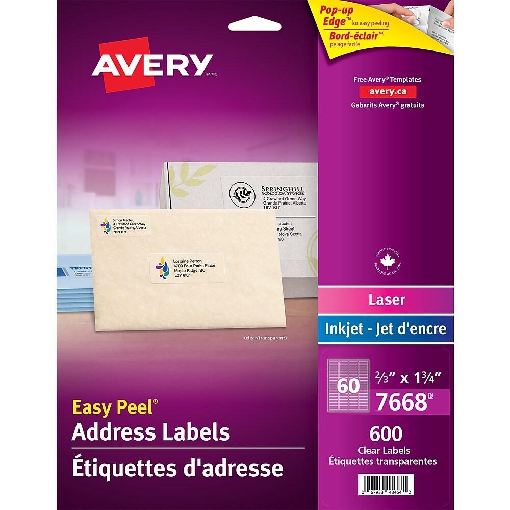 Avery - Étiquettes D'adresses Easy Peel Laser/jet D'encre, Incolore Lustrées, 2/3 Po X 1 3/4 Po, (7668), Paquet De 600