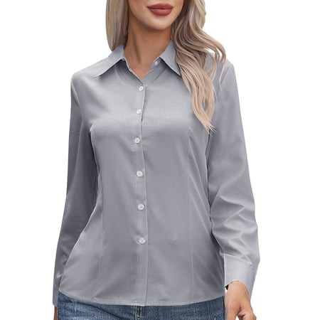 Hueook Fall Tops Lounge Work Button Down Shirts Women S Solid T-shirt Long Sleeves Blouse-Neck Casual Gray M