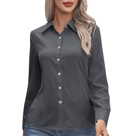 Hueook Dress Button Shirts Formal Tops Collared Women S Solid T-shirt Long Sleeves Blouse-Neck Casual Dark Gray 3X