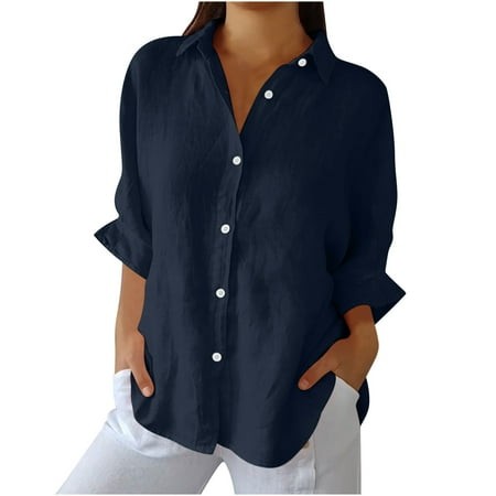Hueook Oversized Tshirts Flowy Button Down Shirts Women Solid Casual and Linen Wrinkles Tie Back Fashion Shirt Navy S