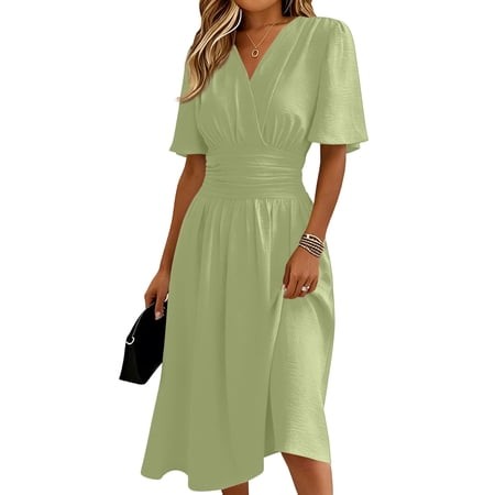 Elowen Short Sleeve Summer Dresses for Women V-Neck Waisted Solid Color Dresses Green XL