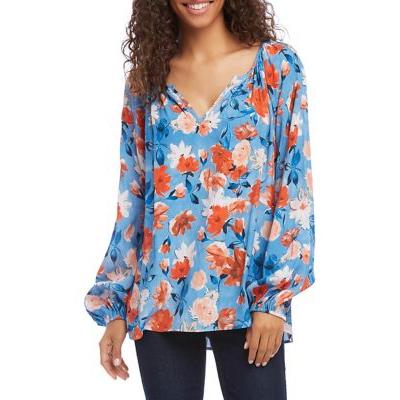 Karen Kane Women's Blouse Blue Size Small S Floral Print Gathered Neck 7263-0249-P - S