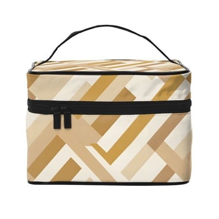 Handbag Travel Bag Cosmetic Bag 9×6.3×6.7in Multi-Function Bag Large Capacity for Camping Travel Family Travel Tan Geometric Lines_3
