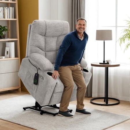 MCombo Power Lift Recliner Chair with Extended Footrest for Elderly People  Fabric 7287 (Light Grey  Medium-Regular)
