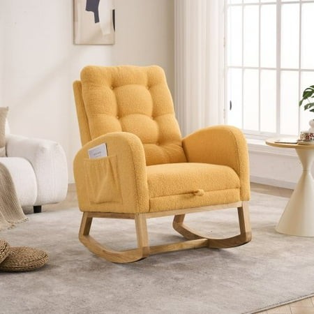 LY-5104 Caramel Accent Rocking Chair with Footrest High Back Rubber Wood Rocking Legs Bedroom Living Space 26.77D X 38.36W X 39.76H Inch