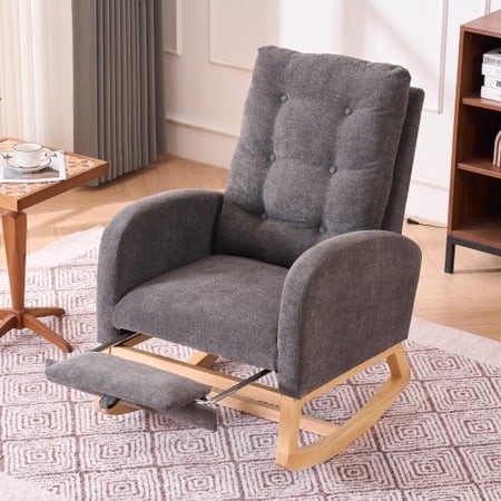 LY-5104 Caramel Accent Rocking Chair with Footrest High Back Rubber Wood Rocking Legs Bedroom Living Space 26.77D X 38.36W X 39.76H Inch