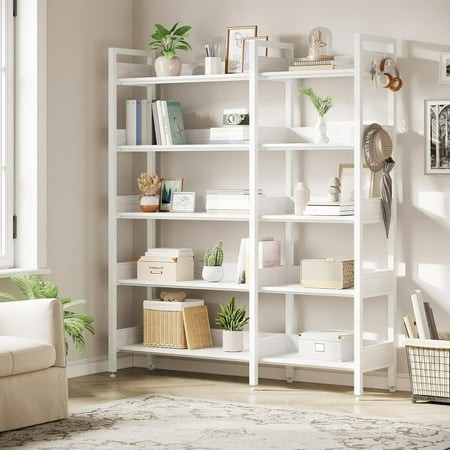 Corner Bookshelf 5-Tier Bookshelves with 4 Hooks-White