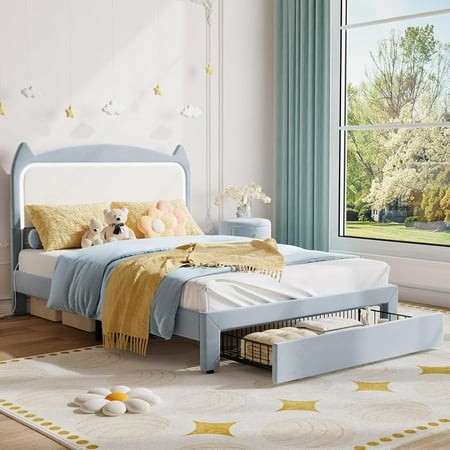 Blue Full Size Bed Frame with Cat Headboard  Full Platform Bed Frame with GRB LED Lights  Storage Drawer & Strong Wood Slats Support  Noise Free  No B