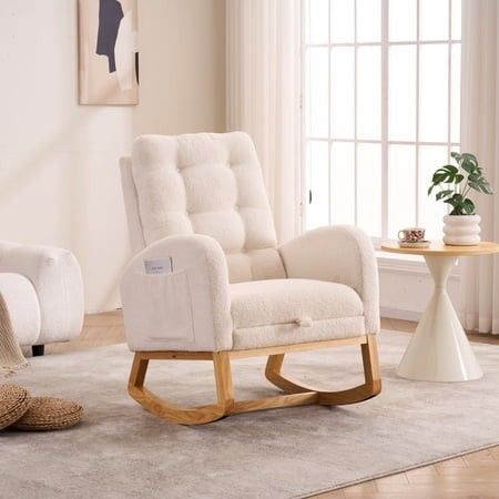 LY-5104 Plush Accent Rocking Chair with Footrest  Cream White High-Back Rocker  Rubber Wood Lounge Chair for Nursery & Living Room  38.36 W X 26.77 D 