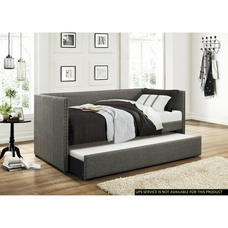 Newboti Furniture Gray Fabric Upholstered Day Bed with Pull-out Trundle Nailhead Trim Wood Frame Furniture NO.34312