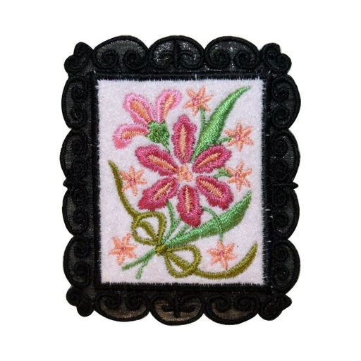 ID 6990 Pink Flowers Picture Patch Frame Garden Sign Embroidered IronOn Applique