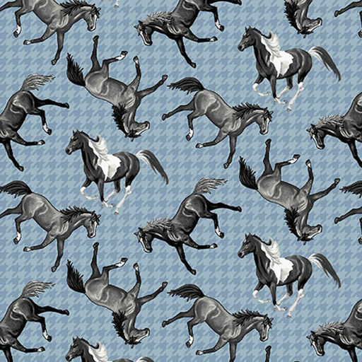 Studio E 4962 Running Free Tossed Horses Blue Cotton Fabric by Yard