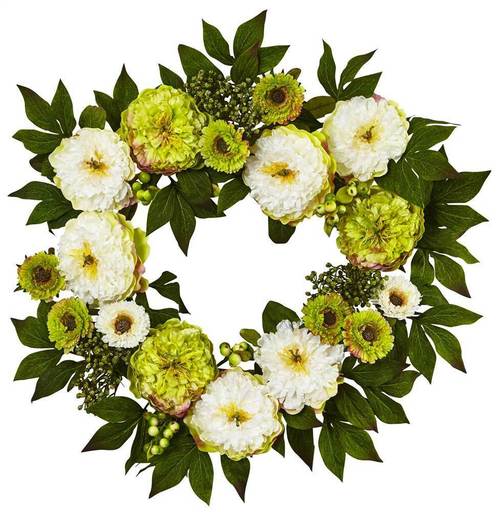 Peony Mum Wreath in Green and White [ID 3499390]